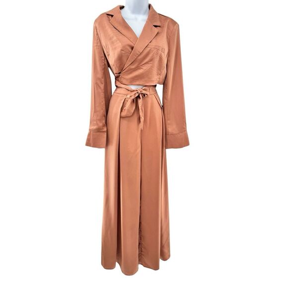 FATE 2pc Satin Cropped Wrap Blazer & Wide Leg Pant‎ Set Brown Medium Large NWT - Picture 1 of 16